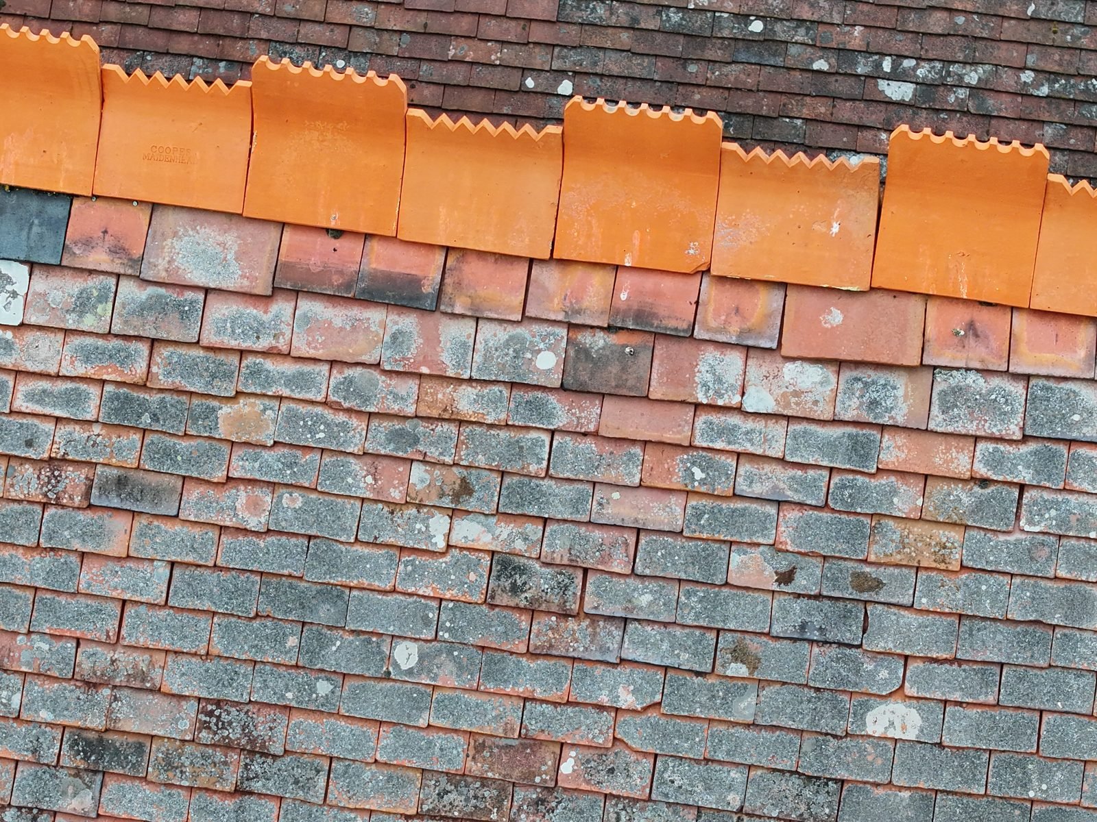 Detail drone photograph of the chancel roof south slope at All Saints church, Milton Keynes Village