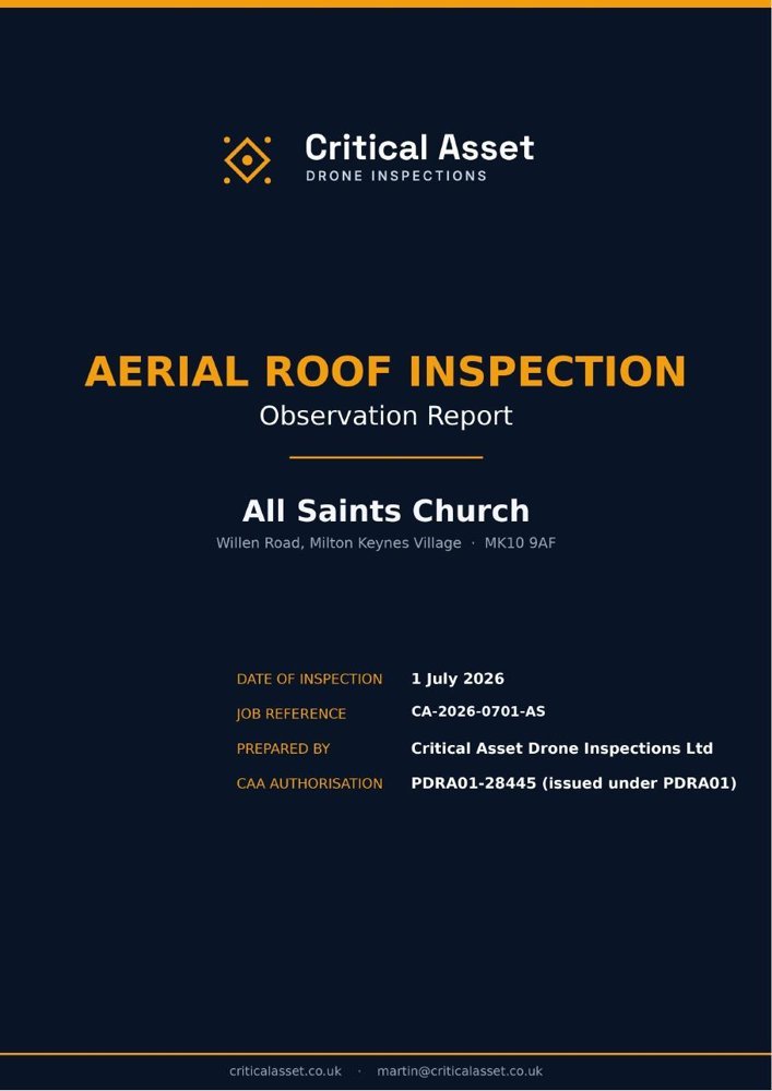Cover of the Critical Asset aerial roof inspection observation report for All Saints church, Milton Keynes Village