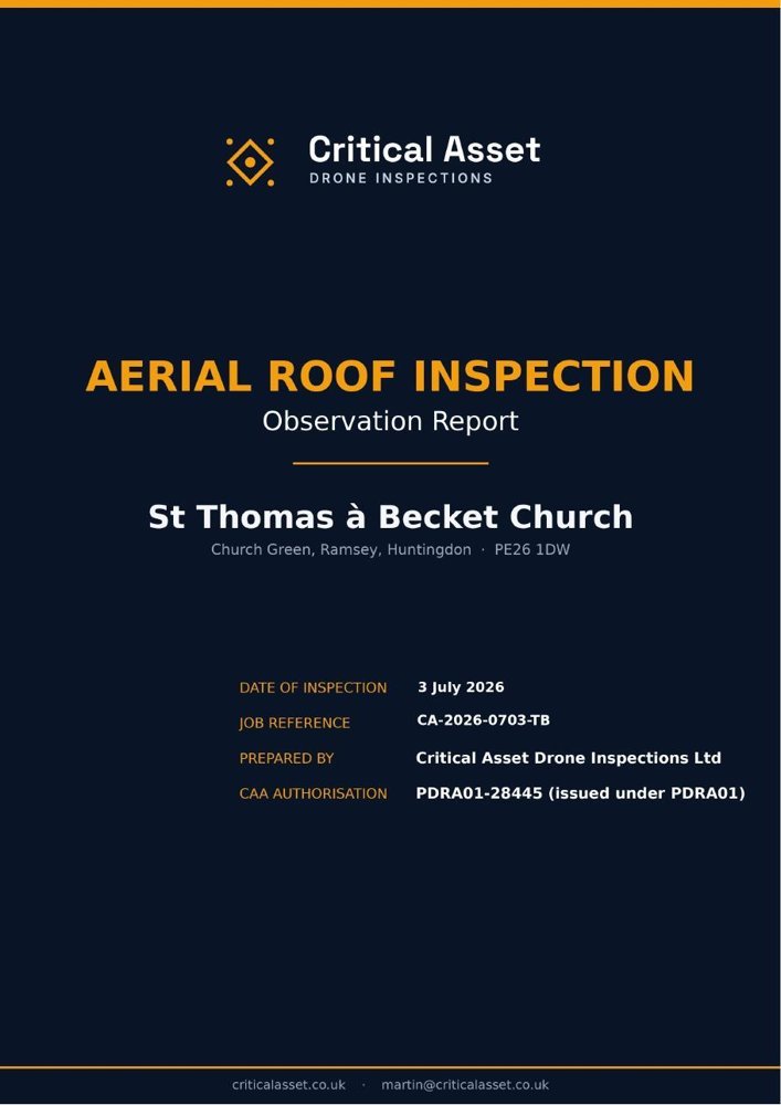 Cover of the Critical Asset aerial roof inspection observation report for St Thomas à Becket church, Ramsey