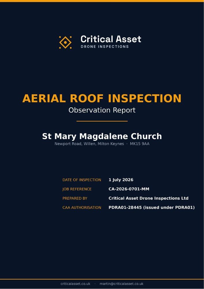 Cover of the Critical Asset aerial roof inspection observation report for St Mary Magdalene church, Willen